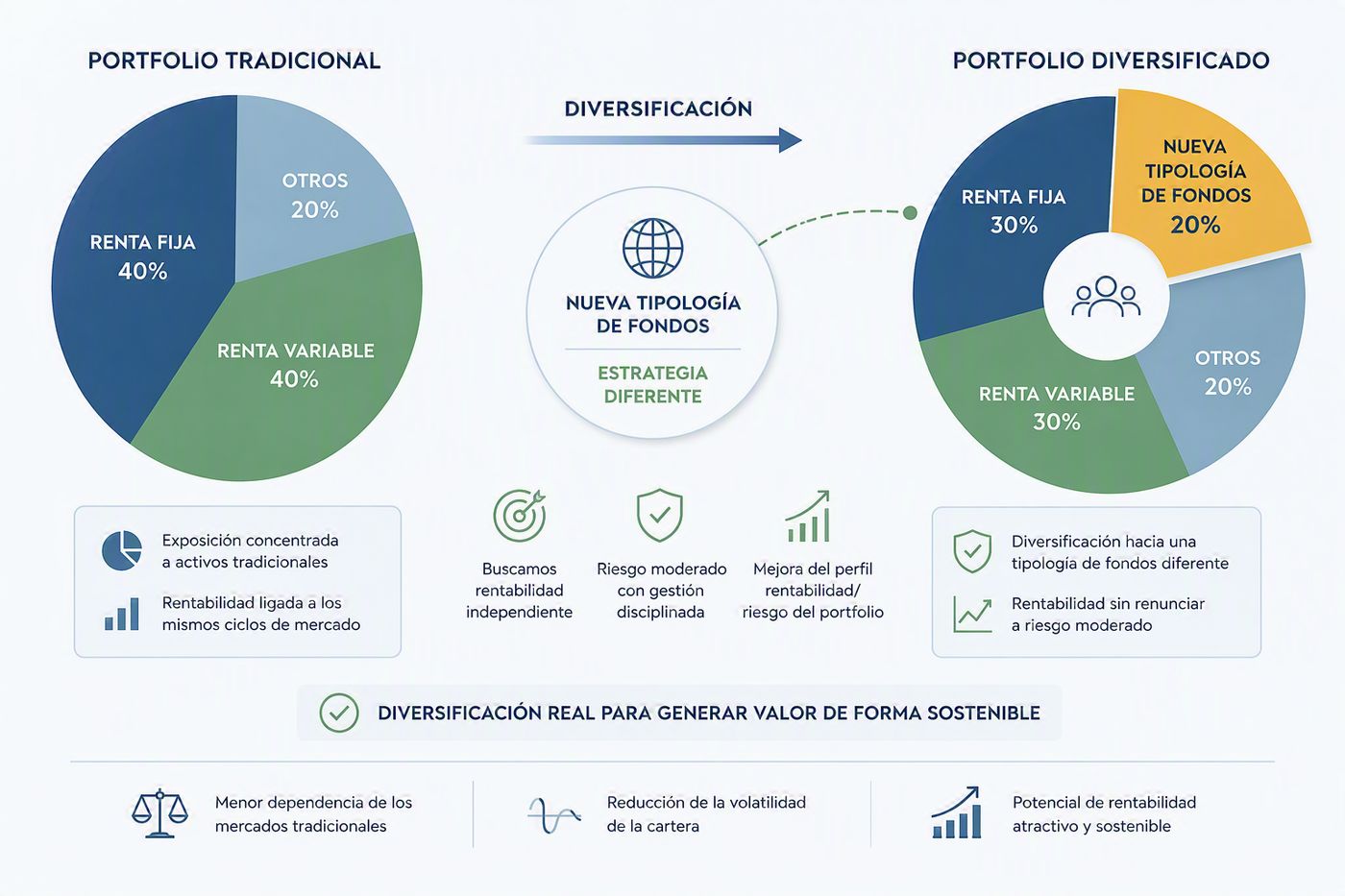 Comparativa entre un portfolio tradicional y un portfolio diversificado que incorpora una nueva tipología de fondos